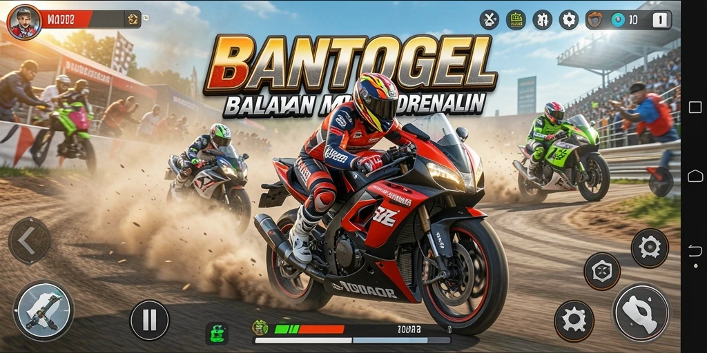 Gameplay seru dalam BANTOGEL menunjukkan aksi balapan motor mendebarkan.